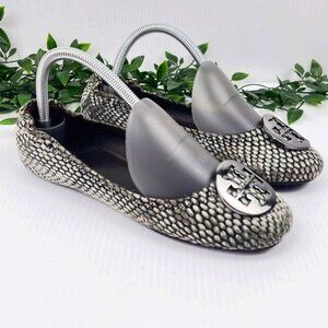 Tory Burch Reva Snake Printed Calf Hair gray Flat 7.5